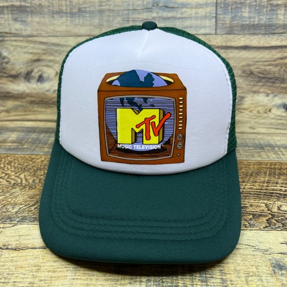 MTV Mens Trucker Hat Dark Green Snapback TV Globe Retro Television 90s Nostalgia - Picture 2 of 8